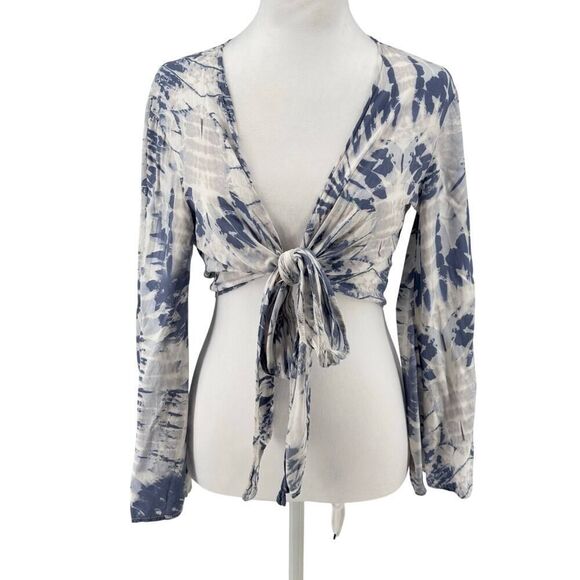 LUUKSE Tie Front Crop Top M Blue Gray Tie Dye Long Sleeve Festival Boho Shirt - Picture 1 of 8